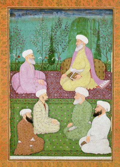 Seis hombres santos musulmanes sentados en una terraza de jardín, del Gran Álbum Clive de Mughal School